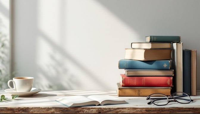 Stack of books and coffee on a clean desk, representing focused study
